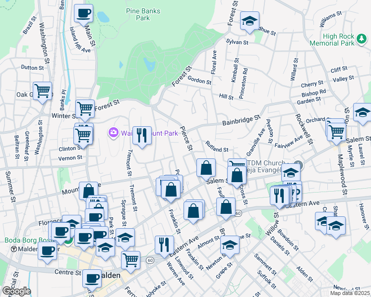 map of restaurants, bars, coffee shops, grocery stores, and more near 86 Pierce Street in Malden