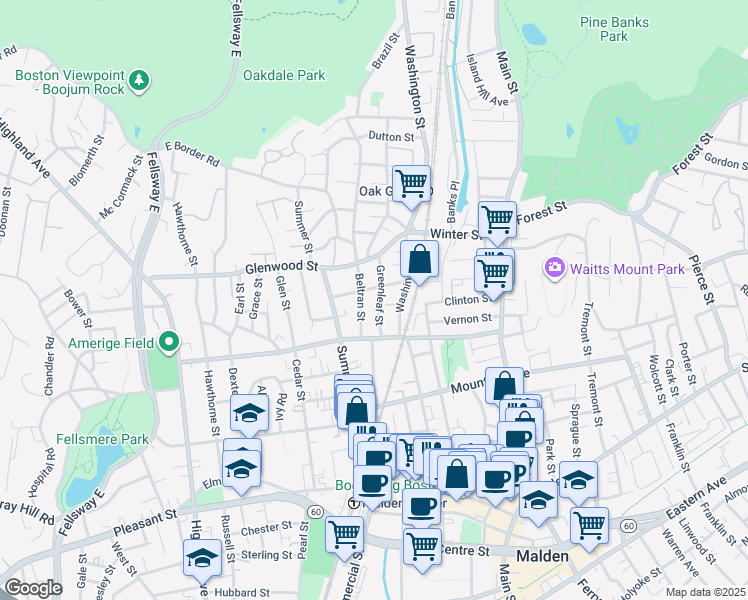 map of restaurants, bars, coffee shops, grocery stores, and more near 39 Greenleaf Street in Malden