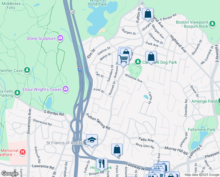 map of restaurants, bars, coffee shops, grocery stores, and more near 31 Saunders Street in Medford
