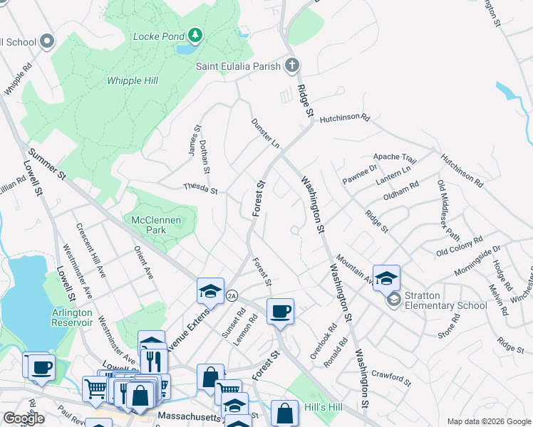 map of restaurants, bars, coffee shops, grocery stores, and more near 21 Finley Street in Arlington