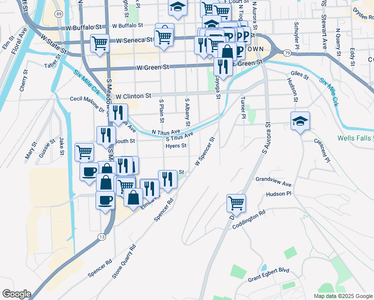 map of restaurants, bars, coffee shops, grocery stores, and more near 514 South Albany Street in Ithaca