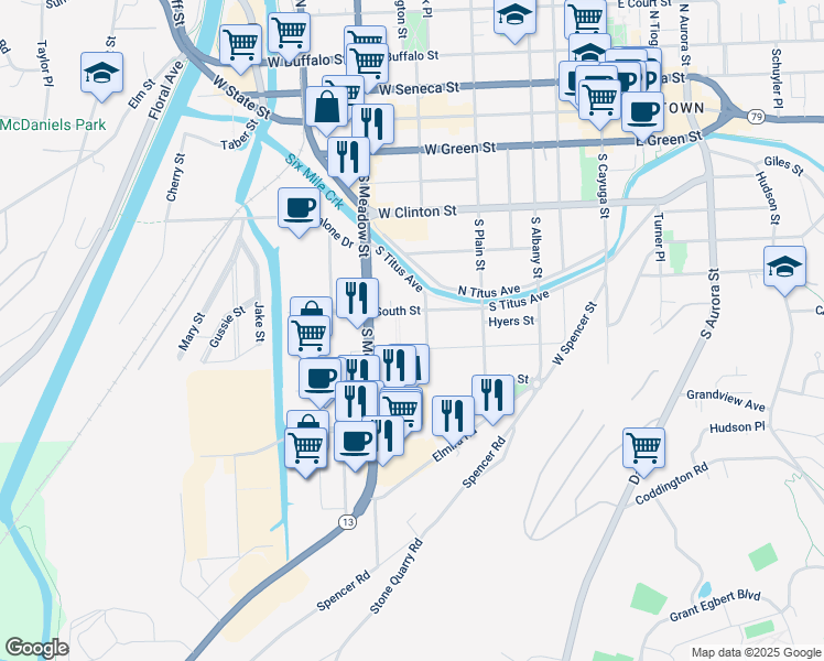 map of restaurants, bars, coffee shops, grocery stores, and more near 204 Fair Street in Ithaca