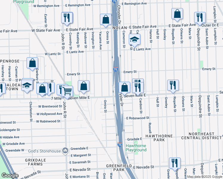 map of restaurants, bars, coffee shops, grocery stores, and more near 19172 Omira Street in Highland Park
