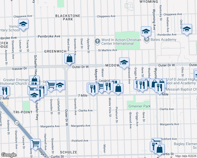 map of restaurants, bars, coffee shops, grocery stores, and more near 19314 Meyers Road in Detroit