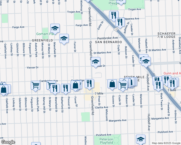 map of restaurants, bars, coffee shops, grocery stores, and more near 19371 Greenfield Road in Detroit