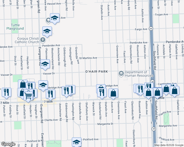 map of restaurants, bars, coffee shops, grocery stores, and more near 19401 Warwick Street in Detroit