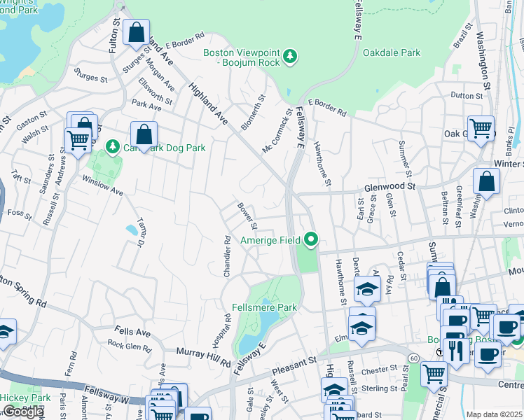 map of restaurants, bars, coffee shops, grocery stores, and more near 2 Montvale Street in Malden