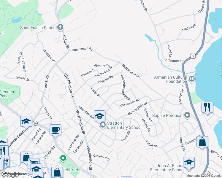map of restaurants, bars, coffee shops, grocery stores, and more near 20 Foxmeadow Lane in Arlington