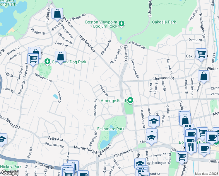 map of restaurants, bars, coffee shops, grocery stores, and more near 2 Montvale Street in Malden