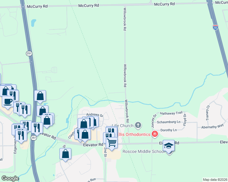 map of restaurants, bars, coffee shops, grocery stores, and more near 5709 Willow Creek Lane in Roscoe