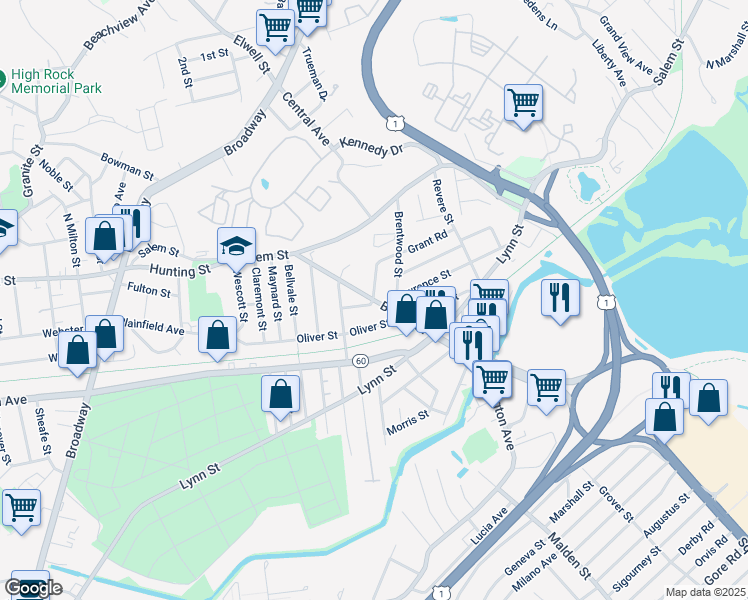 map of restaurants, bars, coffee shops, grocery stores, and more near 76 Beach Street in Malden