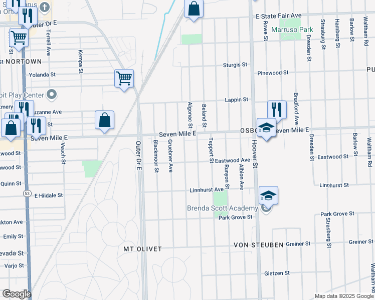 map of restaurants, bars, coffee shops, grocery stores, and more near 18950 Algonac Street in Detroit