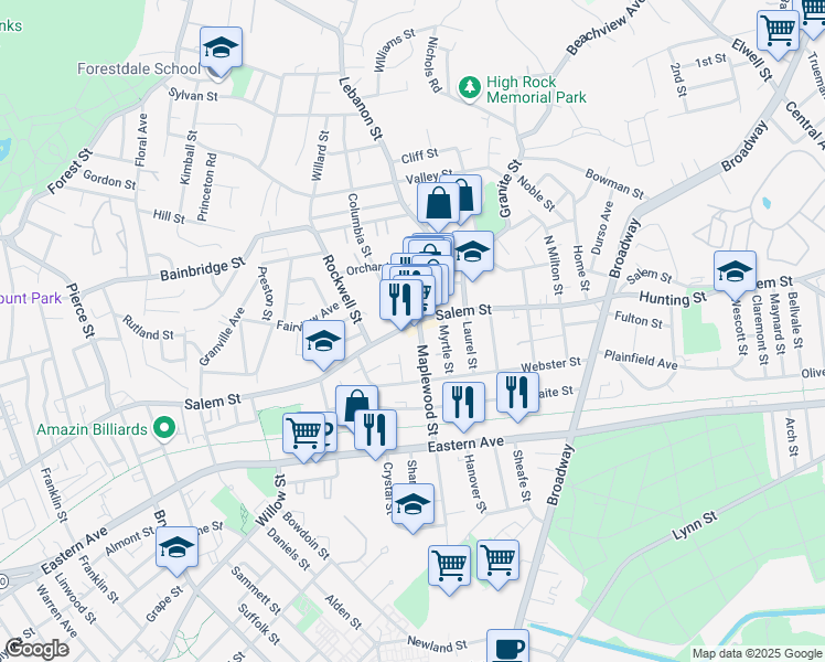 map of restaurants, bars, coffee shops, grocery stores, and more near 685 Salem Street in Malden