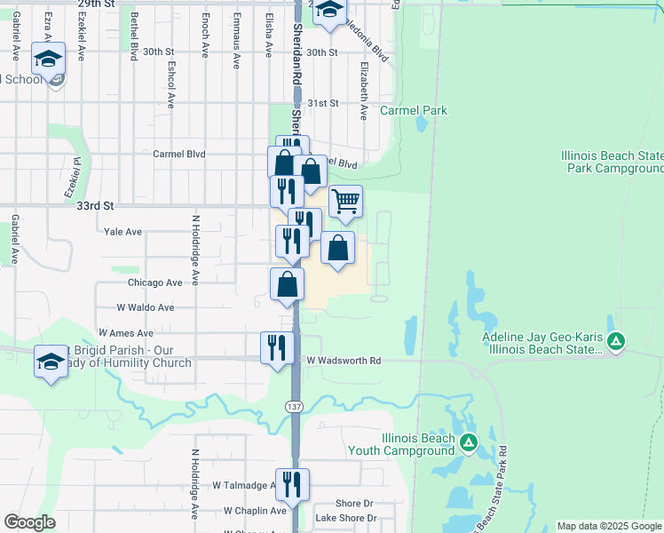 map of restaurants, bars, coffee shops, grocery stores, and more near 3355 Sheridan Road in Zion