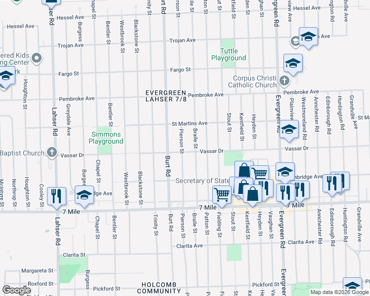 map of restaurants, bars, coffee shops, grocery stores, and more near 19436 Pierson Street in Detroit