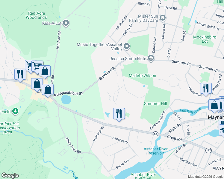map of restaurants, bars, coffee shops, grocery stores, and more near 2 Apple Ridge Road in Maynard