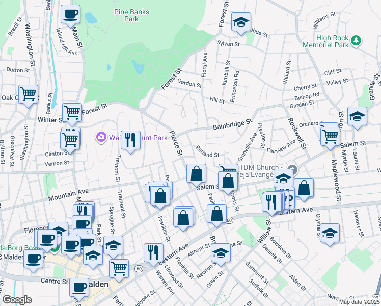 map of restaurants, bars, coffee shops, grocery stores, and more near 75 Plymouth Road in Malden