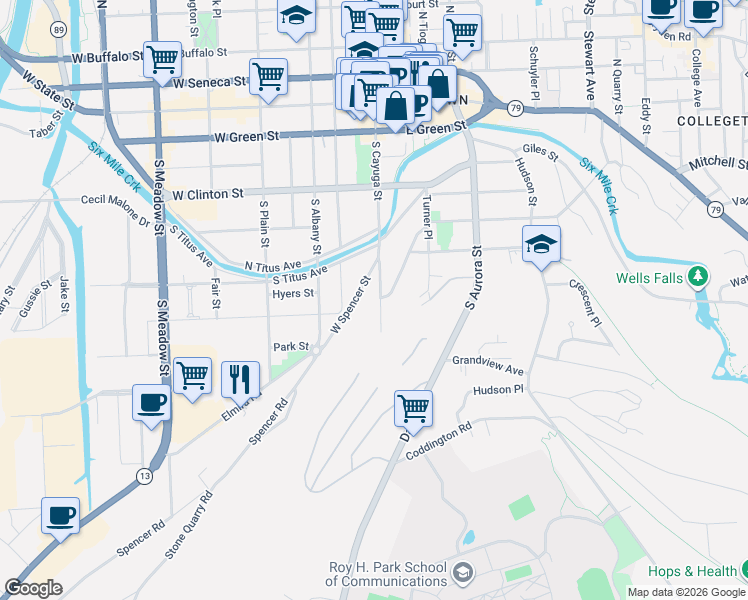 map of restaurants, bars, coffee shops, grocery stores, and more near 521 South Cayuga Street in Ithaca