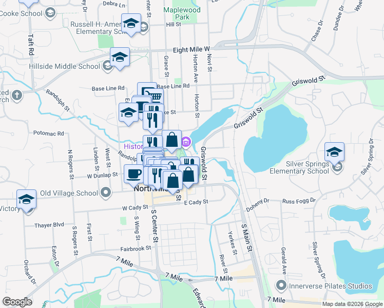 map of restaurants, bars, coffee shops, grocery stores, and more near 215 Griswold Street in Northville