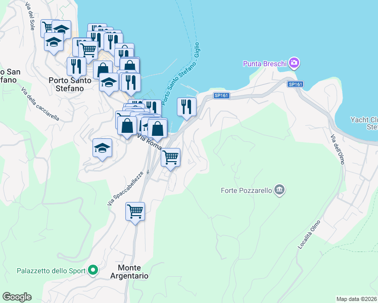 map of restaurants, bars, coffee shops, grocery stores, and more near 35B Via delle Fornaci in Porto Santo Stefano