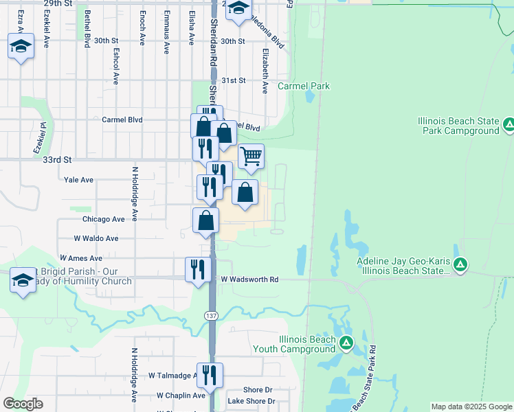 map of restaurants, bars, coffee shops, grocery stores, and more near 3355 Sheridan Road in Zion