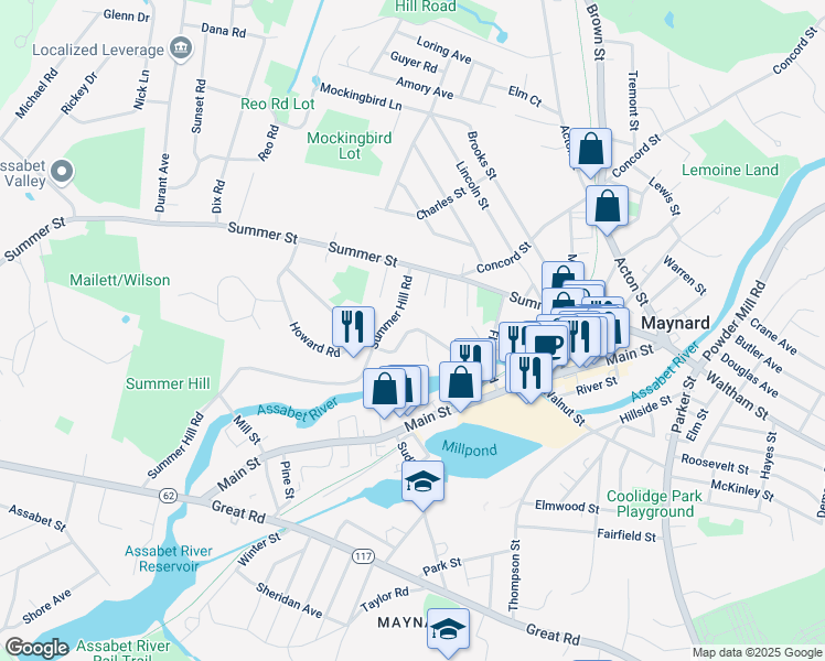 map of restaurants, bars, coffee shops, grocery stores, and more near 122 Summer Hill Glen in Maynard
