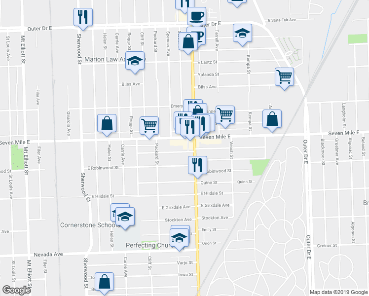 map of restaurants, bars, coffee shops, grocery stores, and more near 7619 East Brentwood Street in Detroit