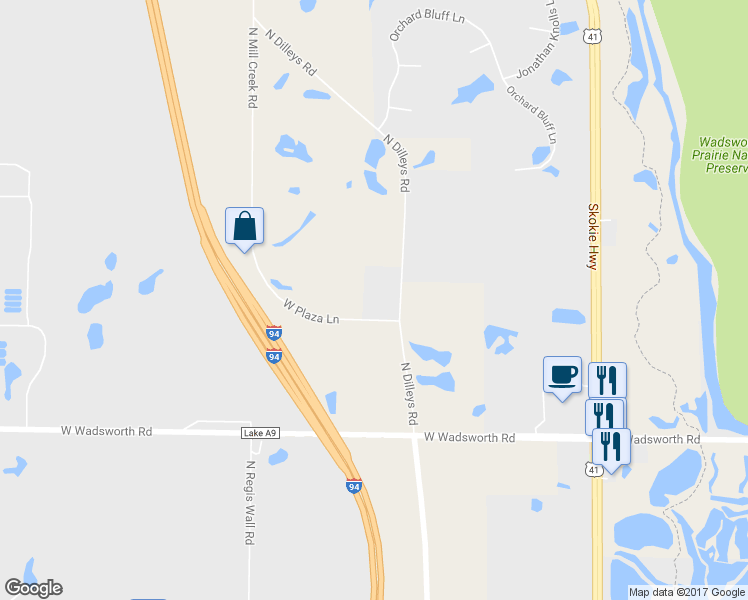 map of restaurants, bars, coffee shops, grocery stores, and more near 16240 West Plaza Lane in Wadsworth
