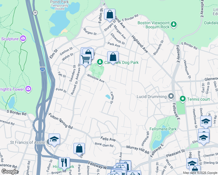 map of restaurants, bars, coffee shops, grocery stores, and more near 4 Adams Circle in Medford