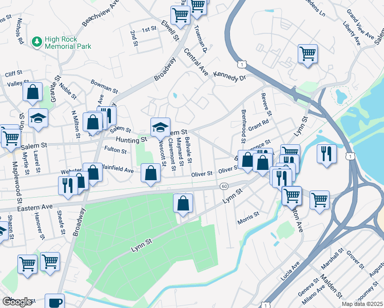 map of restaurants, bars, coffee shops, grocery stores, and more near 25 Springdale Street in Malden