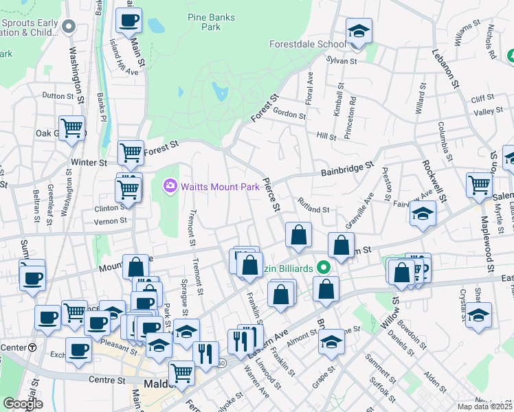 map of restaurants, bars, coffee shops, grocery stores, and more near 86 Pierce Street in Malden