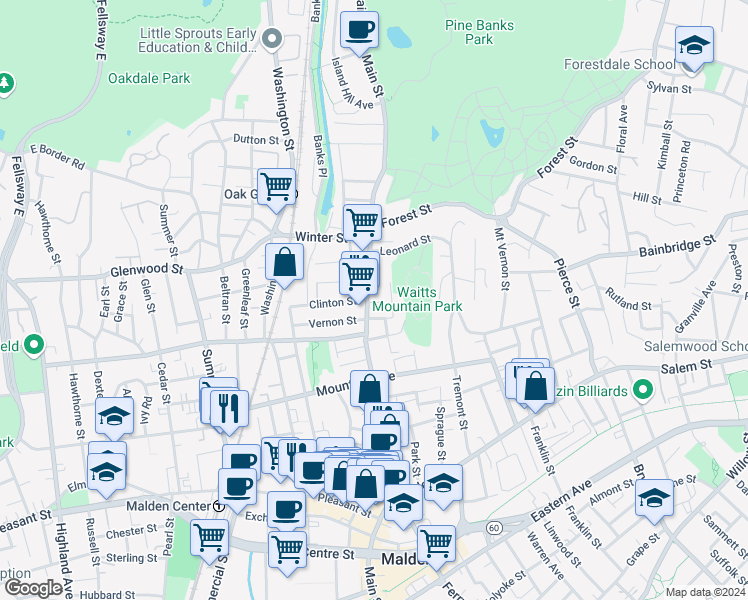 map of restaurants, bars, coffee shops, grocery stores, and more near 46 Orient Street in Malden