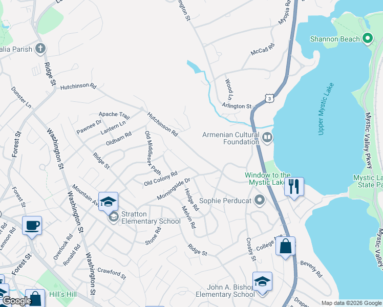 map of restaurants, bars, coffee shops, grocery stores, and more near 86 Hutchinson Road in Arlington