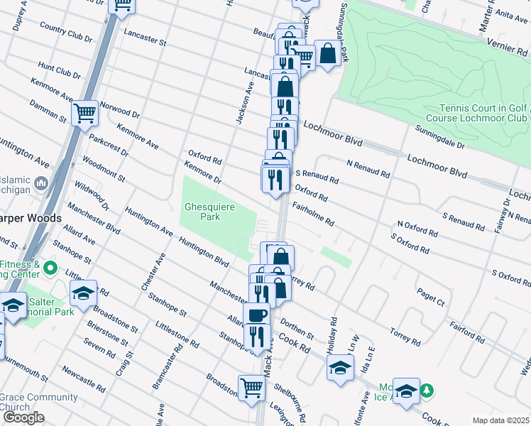 map of restaurants, bars, coffee shops, grocery stores, and more near 1767 Kenmore Drive in Grosse Pointe Woods