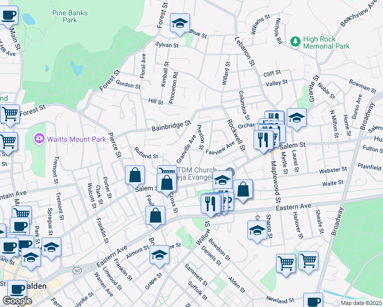 map of restaurants, bars, coffee shops, grocery stores, and more near 76 Granville Avenue in Malden