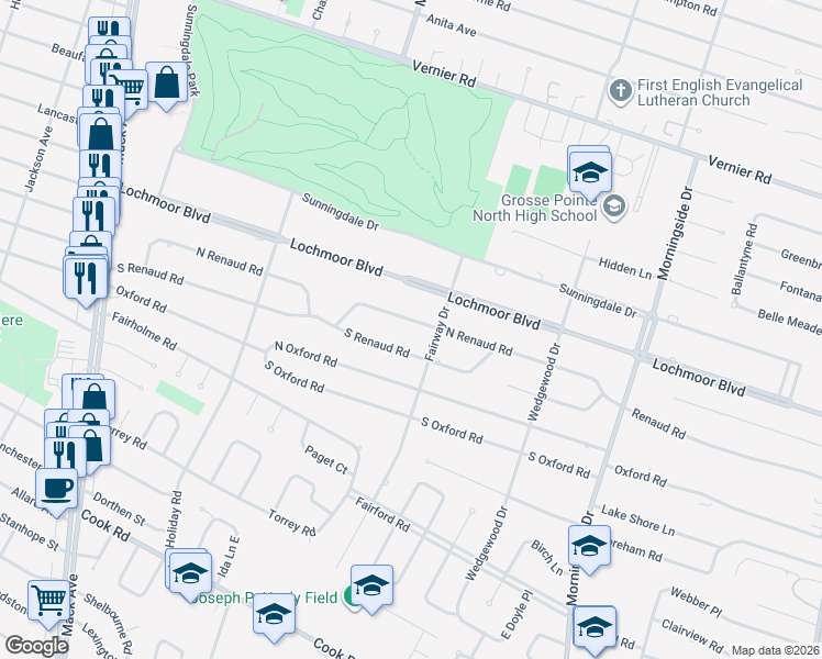 map of restaurants, bars, coffee shops, grocery stores, and more near 1071 North Renaud Road in Grosse Pointe Woods