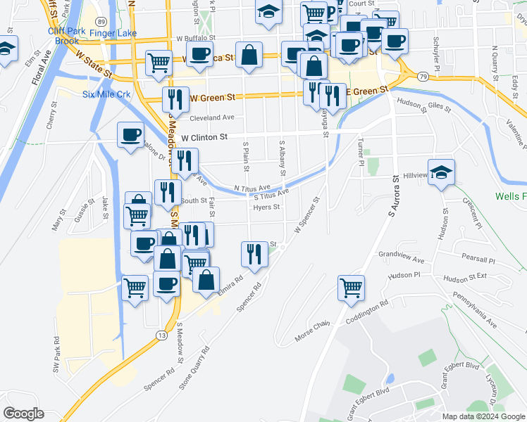 map of restaurants, bars, coffee shops, grocery stores, and more near 117 Hyers Street in Ithaca