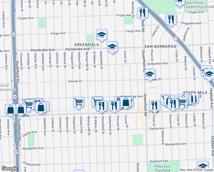 map of restaurants, bars, coffee shops, grocery stores, and more near 19358 Rutherford Street in Detroit