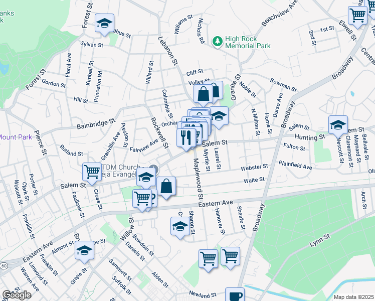 map of restaurants, bars, coffee shops, grocery stores, and more near 0 Columbia Street in Malden