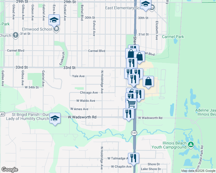 map of restaurants, bars, coffee shops, grocery stores, and more near 10219 West Illinois Avenue in Zion