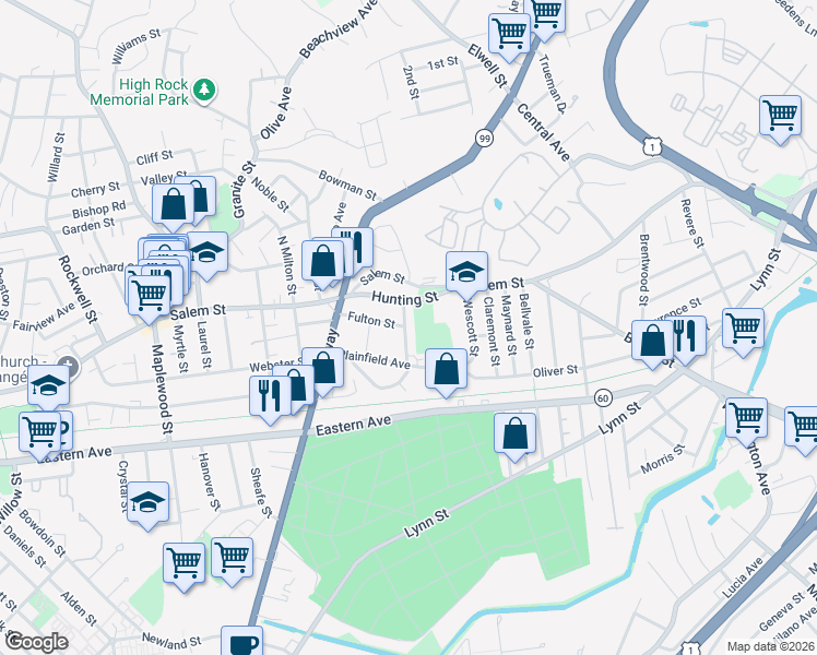 map of restaurants, bars, coffee shops, grocery stores, and more near 173 Coleman Street in Malden