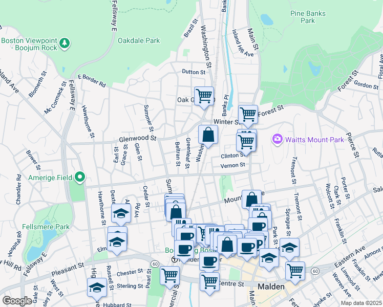 map of restaurants, bars, coffee shops, grocery stores, and more near 39 Greenleaf Street in Malden