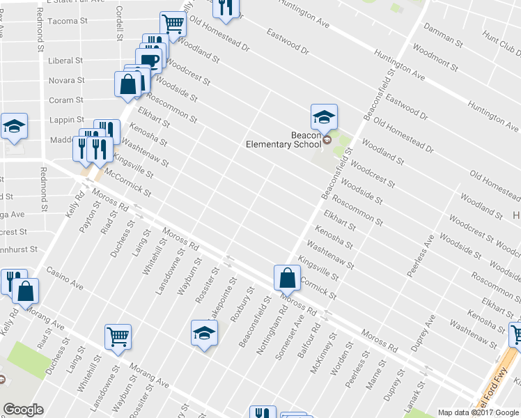 map of restaurants, bars, coffee shops, grocery stores, and more near 19323 Washtenaw Street in Harper Woods