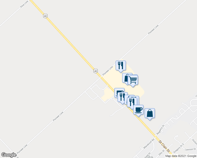 map of restaurants, bars, coffee shops, grocery stores, and more near 8471 Pioneer Line in Chatham-Kent