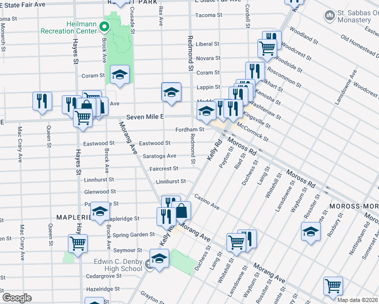 map of restaurants, bars, coffee shops, grocery stores, and more near 15905 Saratoga Avenue in Detroit