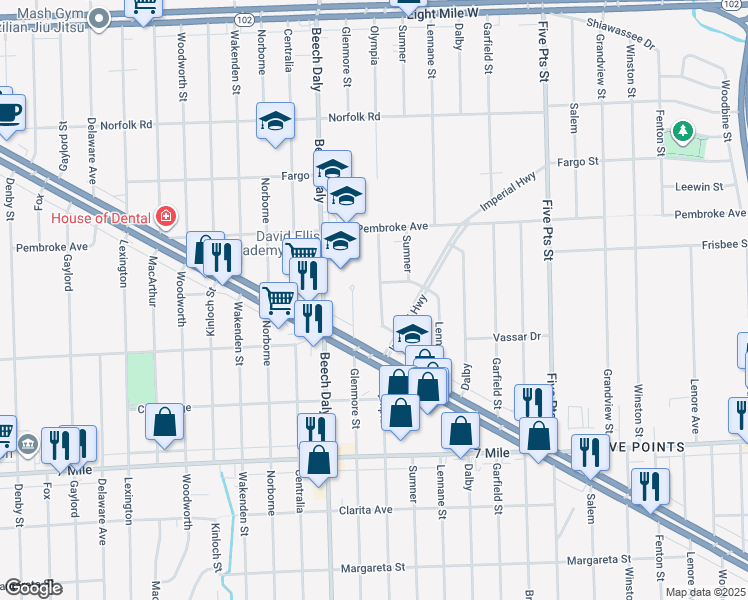 map of restaurants, bars, coffee shops, grocery stores, and more near 19555 Olympia in Redford Charter Township