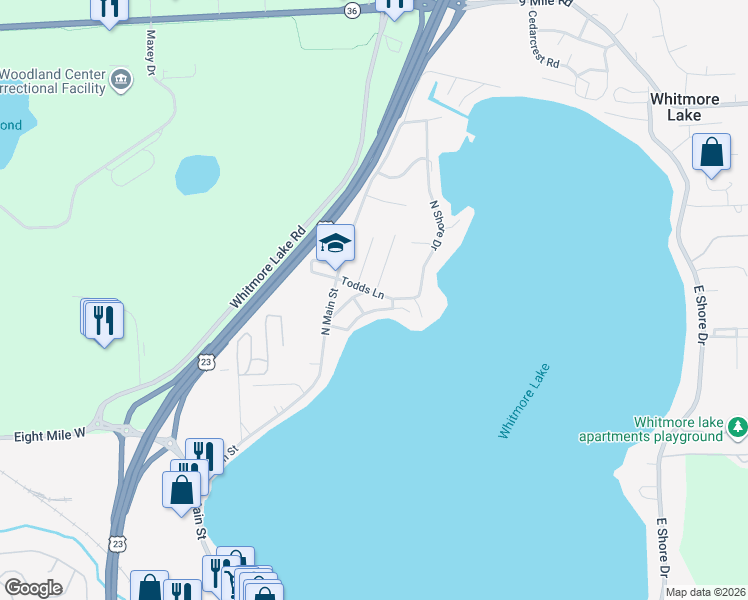 map of restaurants, bars, coffee shops, grocery stores, and more near 11728 Kenton Drive in Whitmore Lake