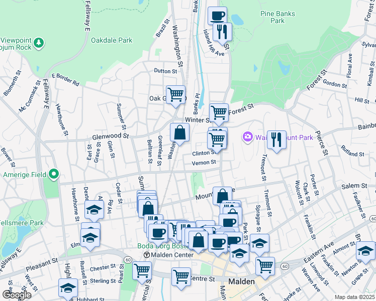 map of restaurants, bars, coffee shops, grocery stores, and more near 43 Clinton Street in Malden