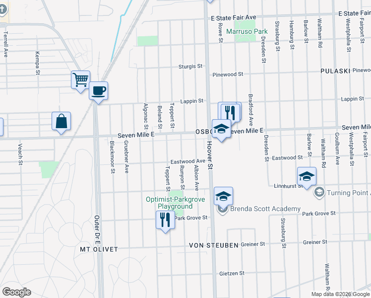 map of restaurants, bars, coffee shops, grocery stores, and more near 18954 Runyon Street in Detroit