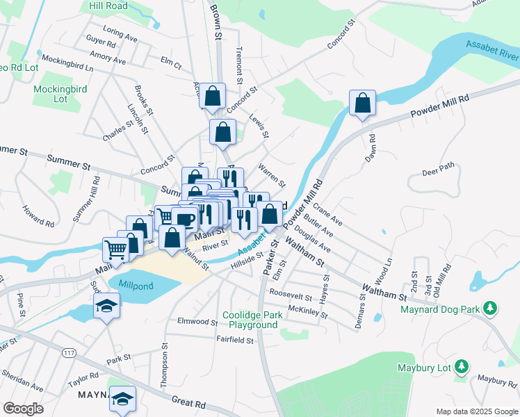 map of restaurants, bars, coffee shops, grocery stores, and more near in Maynard